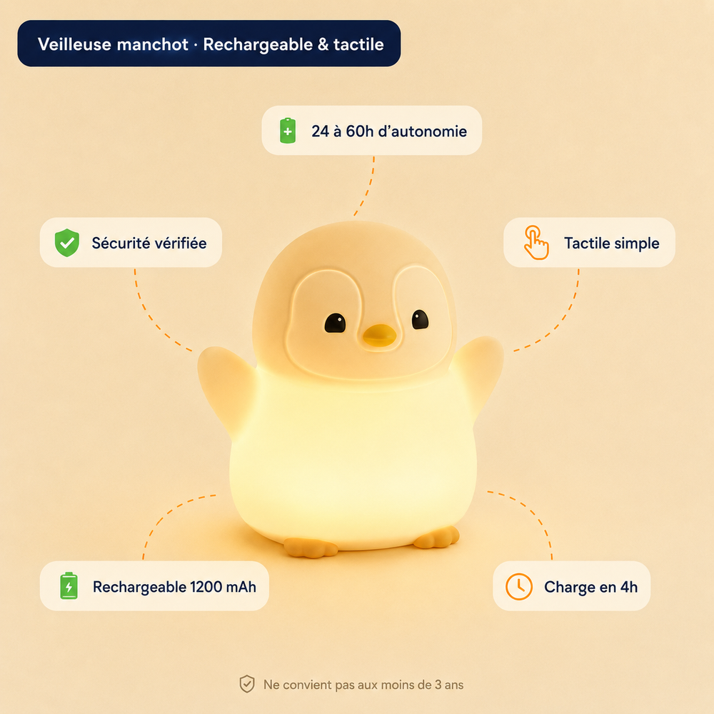 Veilleuse manchot rechargeable, lumière douce blanche, bec jaune et ailes arrondies.
