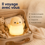 Veilleuse manchot dans un sac en tissu, lumière blanche douce, bec jaune.