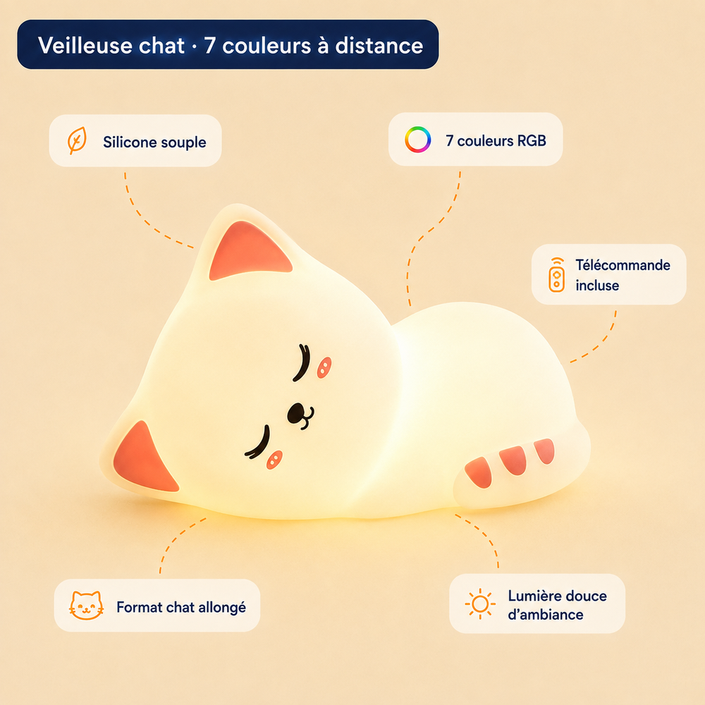 Veilleuse chat allongé blanc: lumière douce, télécommande incluse, 7 couleurs RGB.