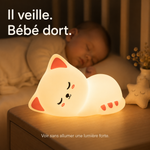 Veilleuse chat allongé blanche, lumière chaude douce pour la nuit.