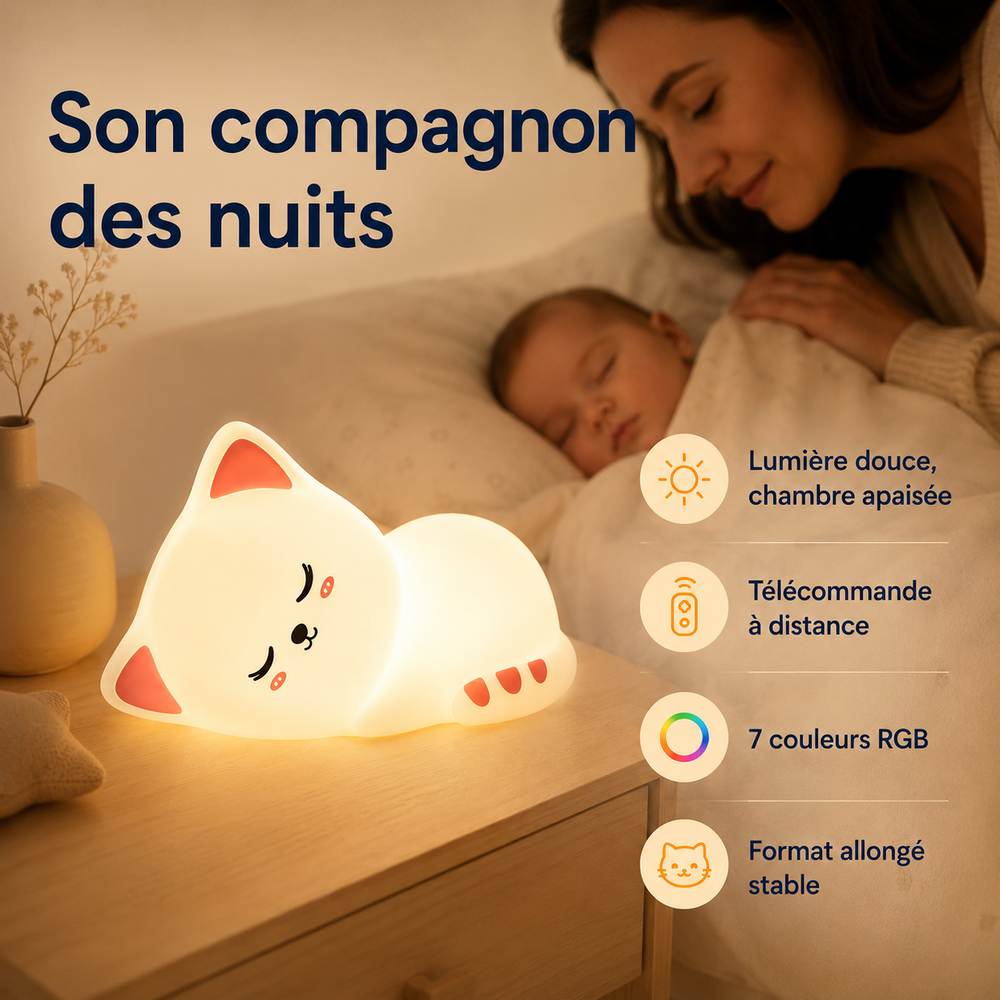 Veilleuse chat allongé blanche, lumière douce apaisante, télécommande à distance.