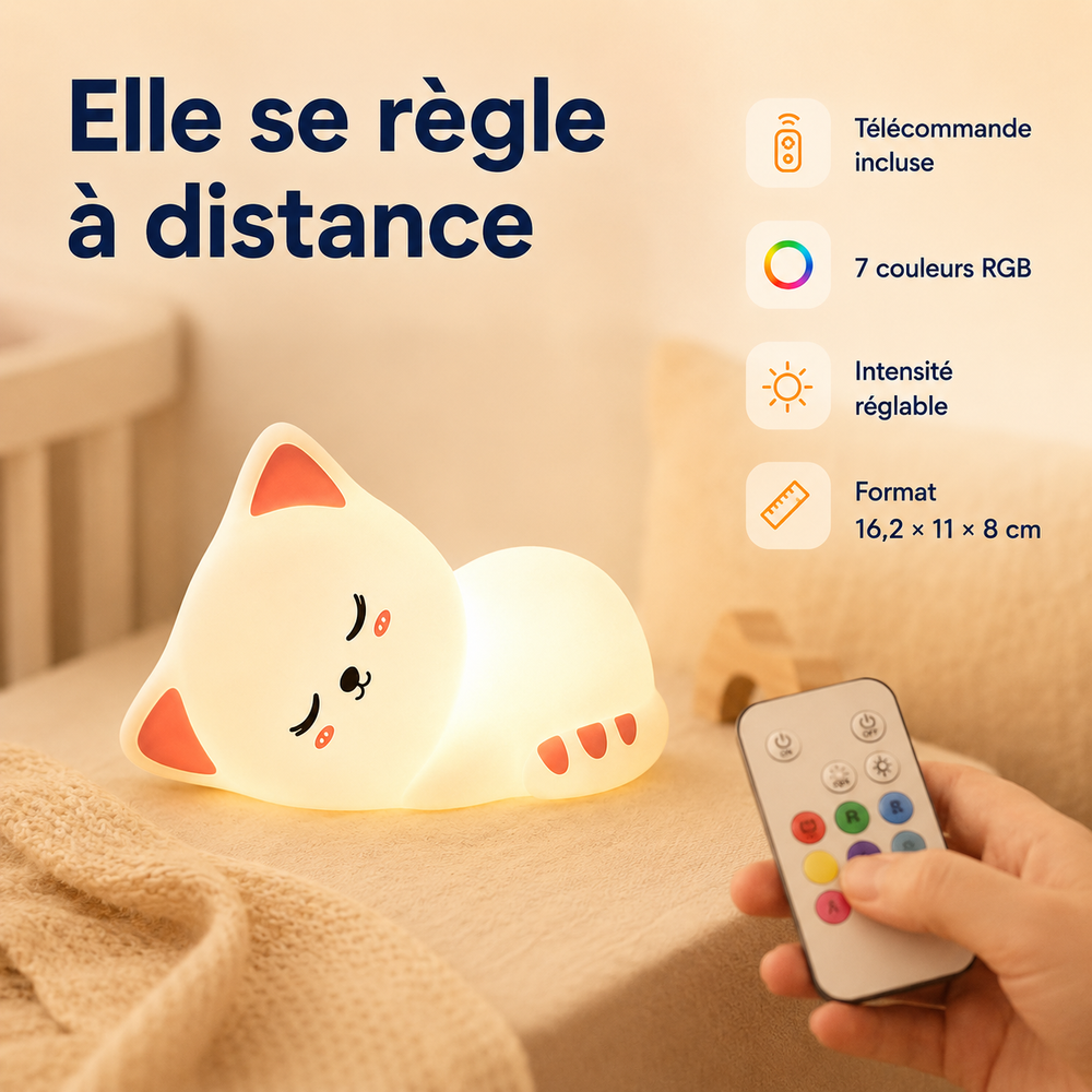 Veilleuse chat allongé blanche, intensité réglable, télécommande et 7 couleurs RGB.