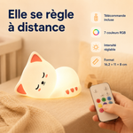Veilleuse chat allongé blanche, intensité réglable, télécommande et 7 couleurs RGB.