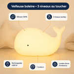 Veilleuse baleine en silicone, lumière douce, forme de baleine allongée.