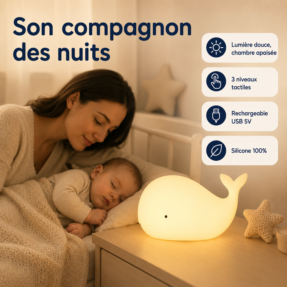 Veilleuse baleine en silicone, lumière douce, à côté d’un berceau.