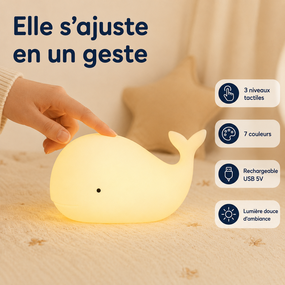 Veilleuse baleine en silicone, lumière chaude, activée au toucher.