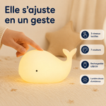 Veilleuse baleine en silicone, lumière chaude, activée au toucher.