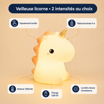 Veilleuse licorne lumineuse, forme 3D avec corne dorée et face souriante.