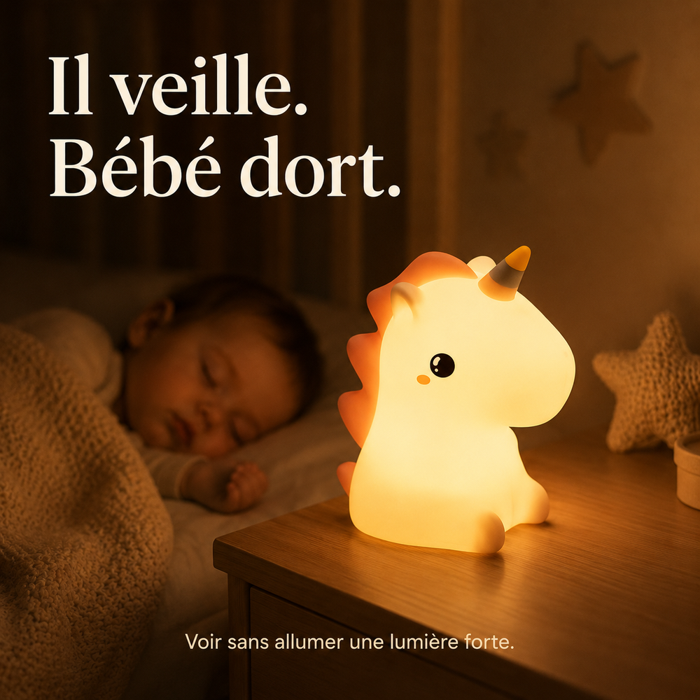 Veilleuse licorne LED sur table, éclairage doux, corne et queue arrondies visibles.
