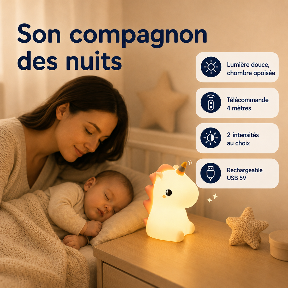 Veilleuse licorne lumineuse, posée sur un meuble, corne dorée et oreilles en relief.
