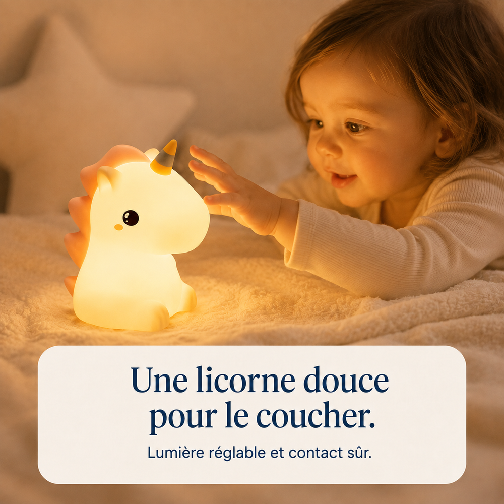 Veilleuse licorne LED éclairée, enfant à proximité, corne dorée et grand sourire.