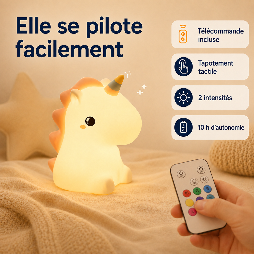Veilleuse licorne lumineuse avec télécommande, corne dorée et lumière réglable.
