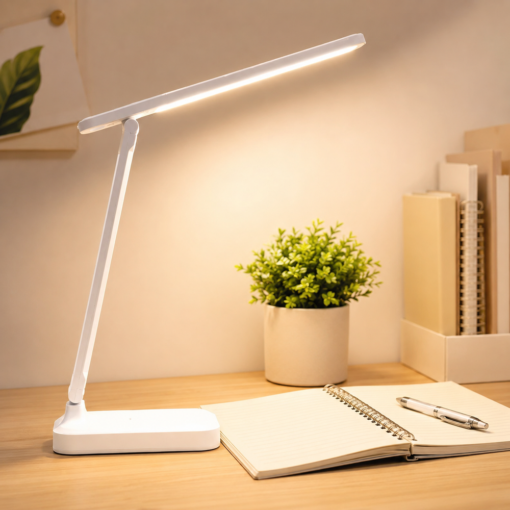 Lampe de bureau LED blanche pliable avec bras réglable et base rectangulaire