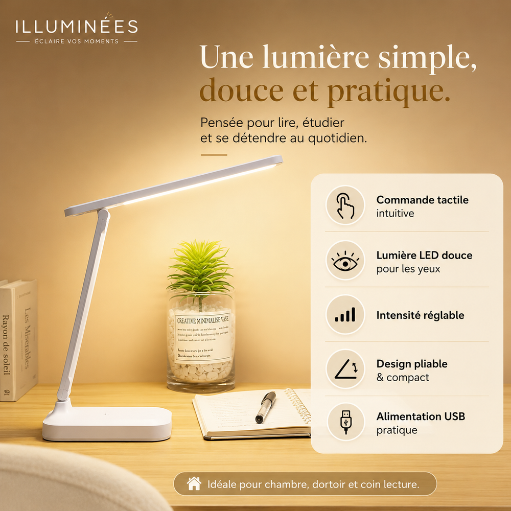 Lampe de bureau LED pliable blanche à commande tactile, bras fin allongé
