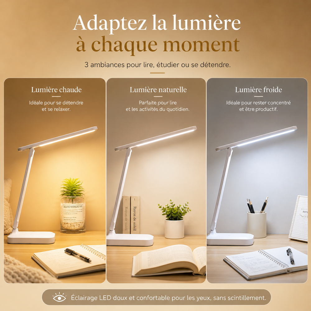 Lampe de bureau LED pliable blanche, bras fin éclairant un bureau