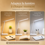 Lampe de bureau LED pliable blanche, bras fin éclairant un bureau