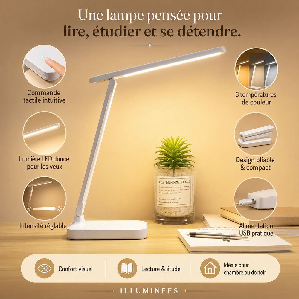 Lampe de bureau LED tactile pliable blanche avec intensité réglable