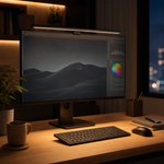 Barre lumineuse LED noire fixée sur un écran d’ordinateur avec éclairage chaud sur bureau moderne