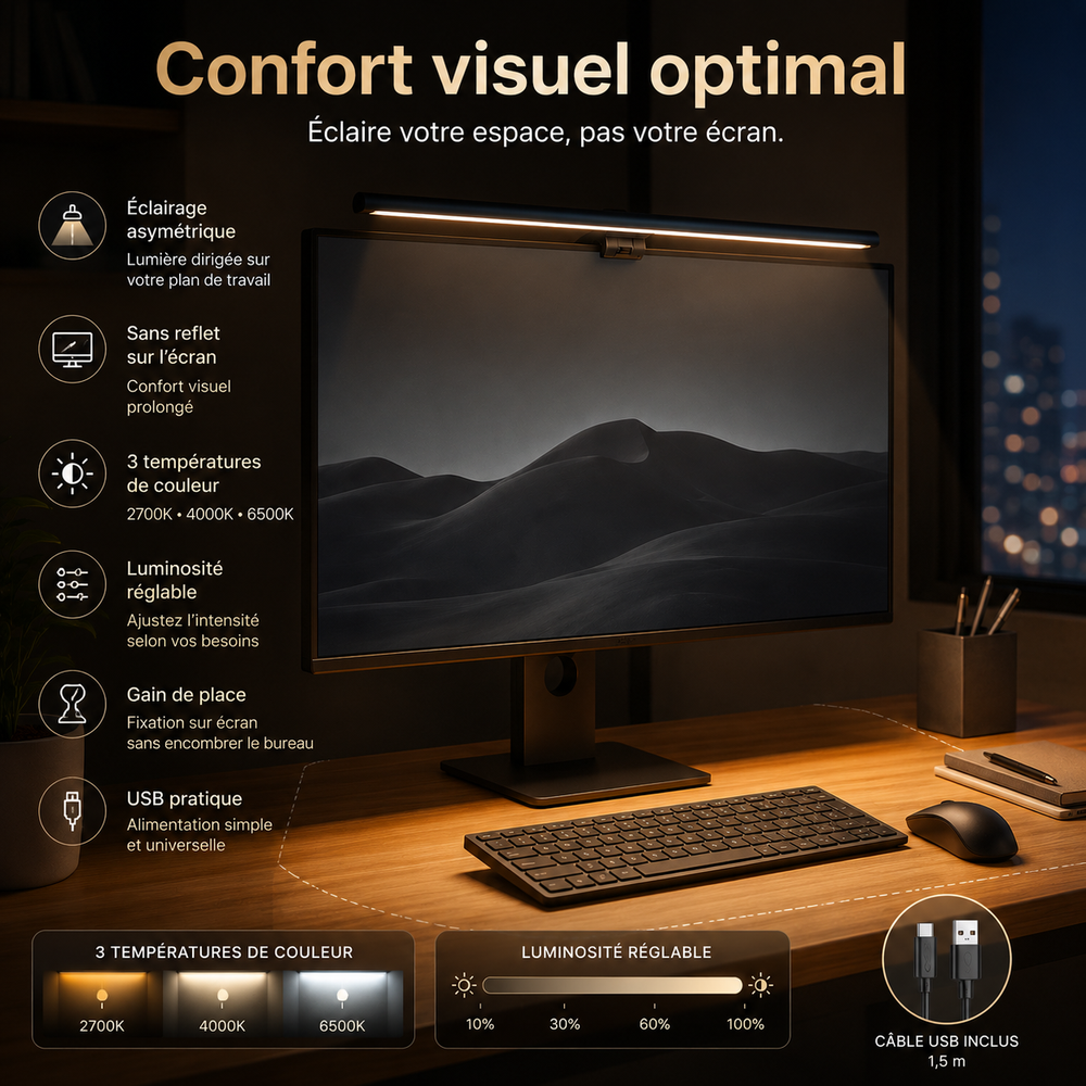 Barre lumineuse LED pour écran, anti-reflets, avec intensité réglable et câble USB inclus