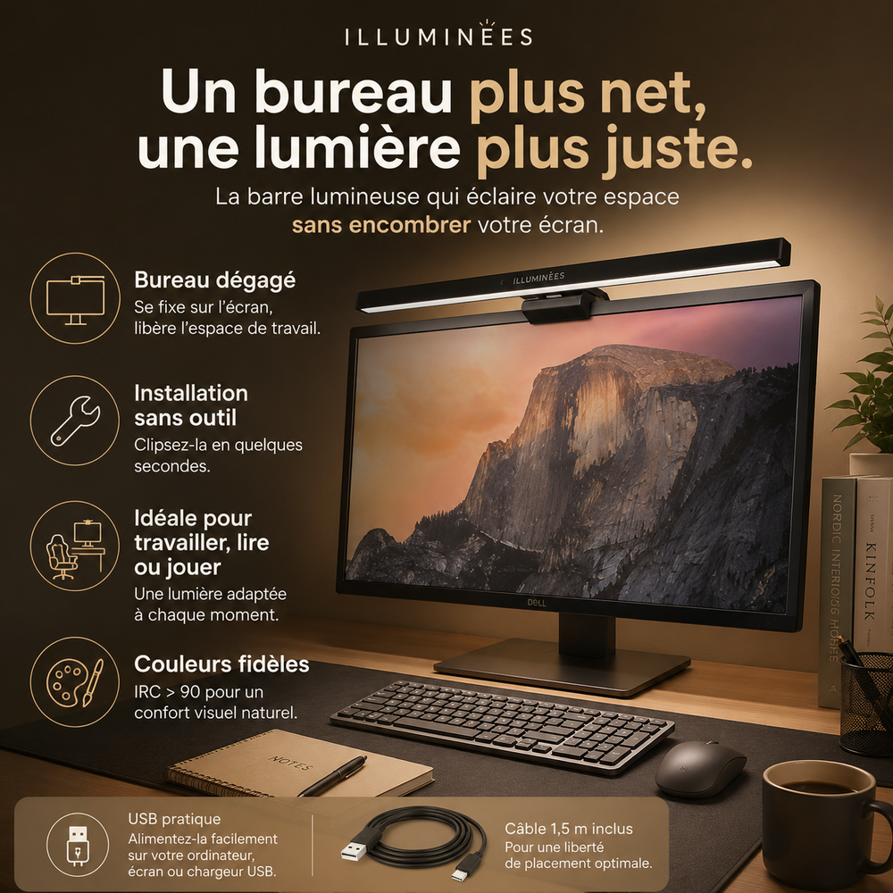 Barre lumineuse LED pour écran USB, installation simple, couleurs réglables et câble 1,5 m