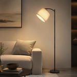 Lampadaire sur pied noir, abat-jour en lin beige, base ronde, tête inclinable