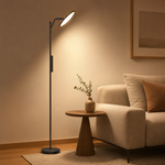 Lampadaire LED noir à tête orientable et base ronde, éclairage doux pour salon