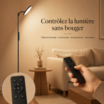 Lampadaire LED noir orientable avec télécommande, main tenant la télécommande