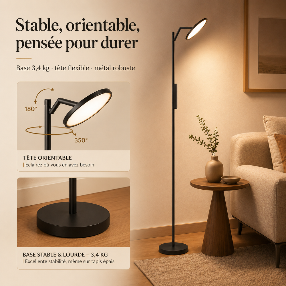 Lampadaire LED noir stable, tête orientable 180°, base lourde, lumière directionnelle