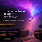 Lampadaire sur pied avec anneau lumineux, ambiance violette diffusée vers le bas.