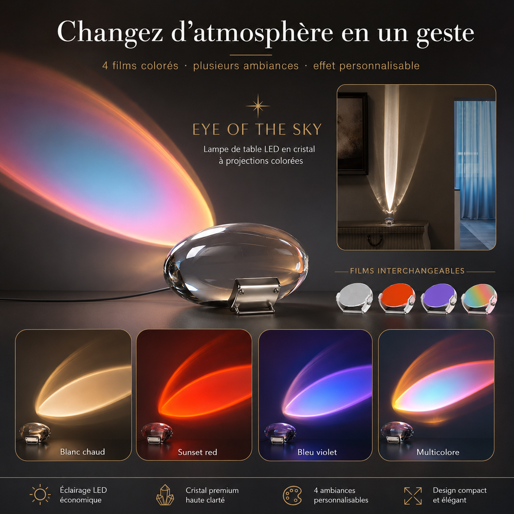 Lampe de table à projection LED en cristal avec film de couleurs amovibles visibles