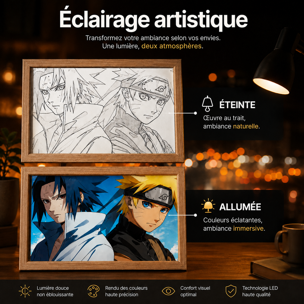 Cadres lumineux en bois Naruto, dessin au trait et illustration colorée