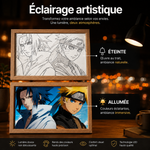 Cadres lumineux en bois Naruto, dessin au trait et illustration colorée