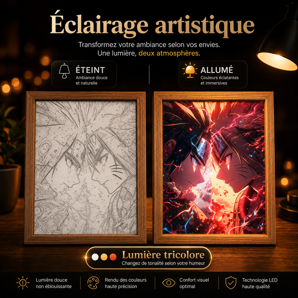 Cadres lumineux en bois Naruto, dessin au trait et scène électrique
