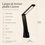 Lampe de lecture pliable noire avec barre LED, base stable et commande tactile
