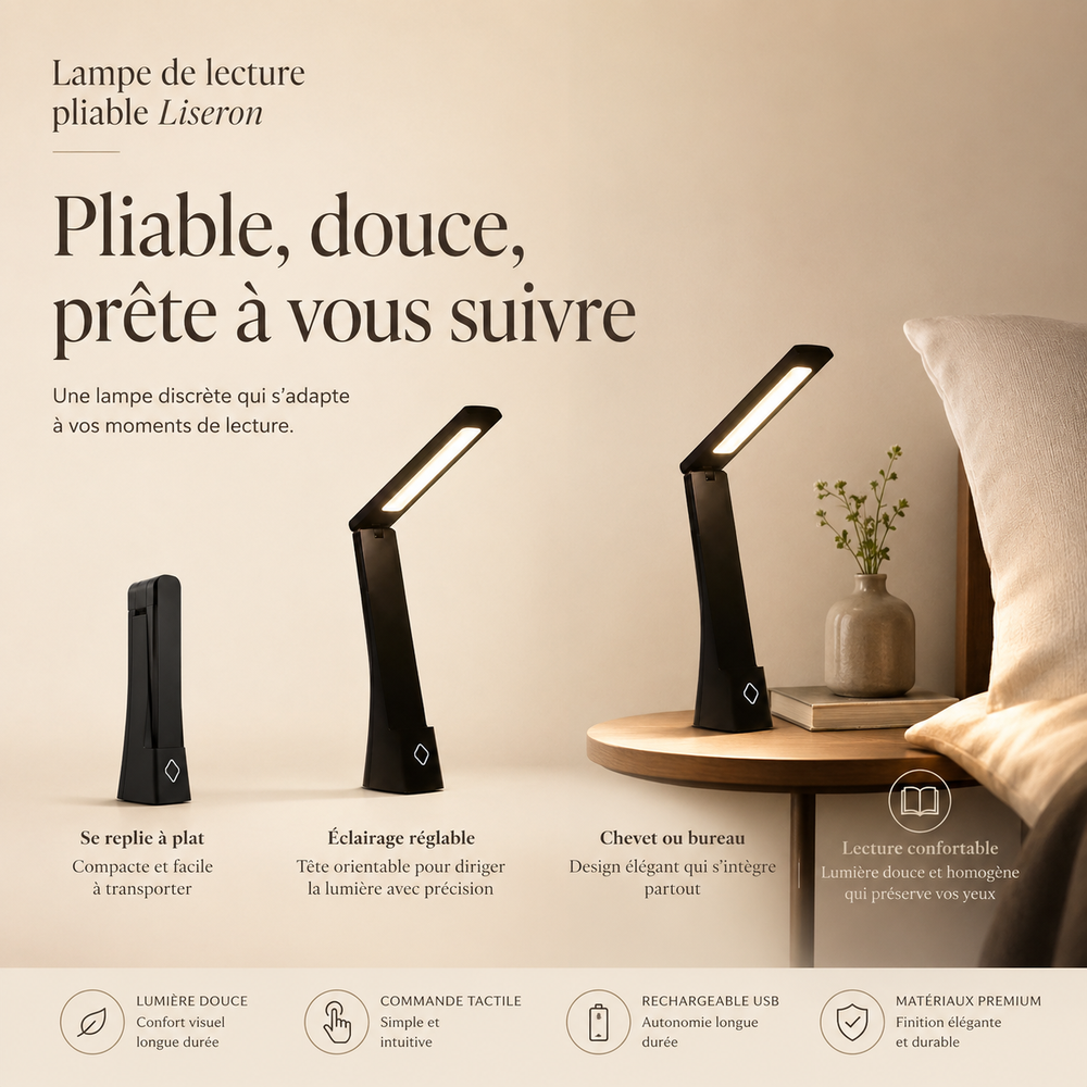 Lampe de lecture pliable noire, tête inclinable avec barre LED et repère tactile