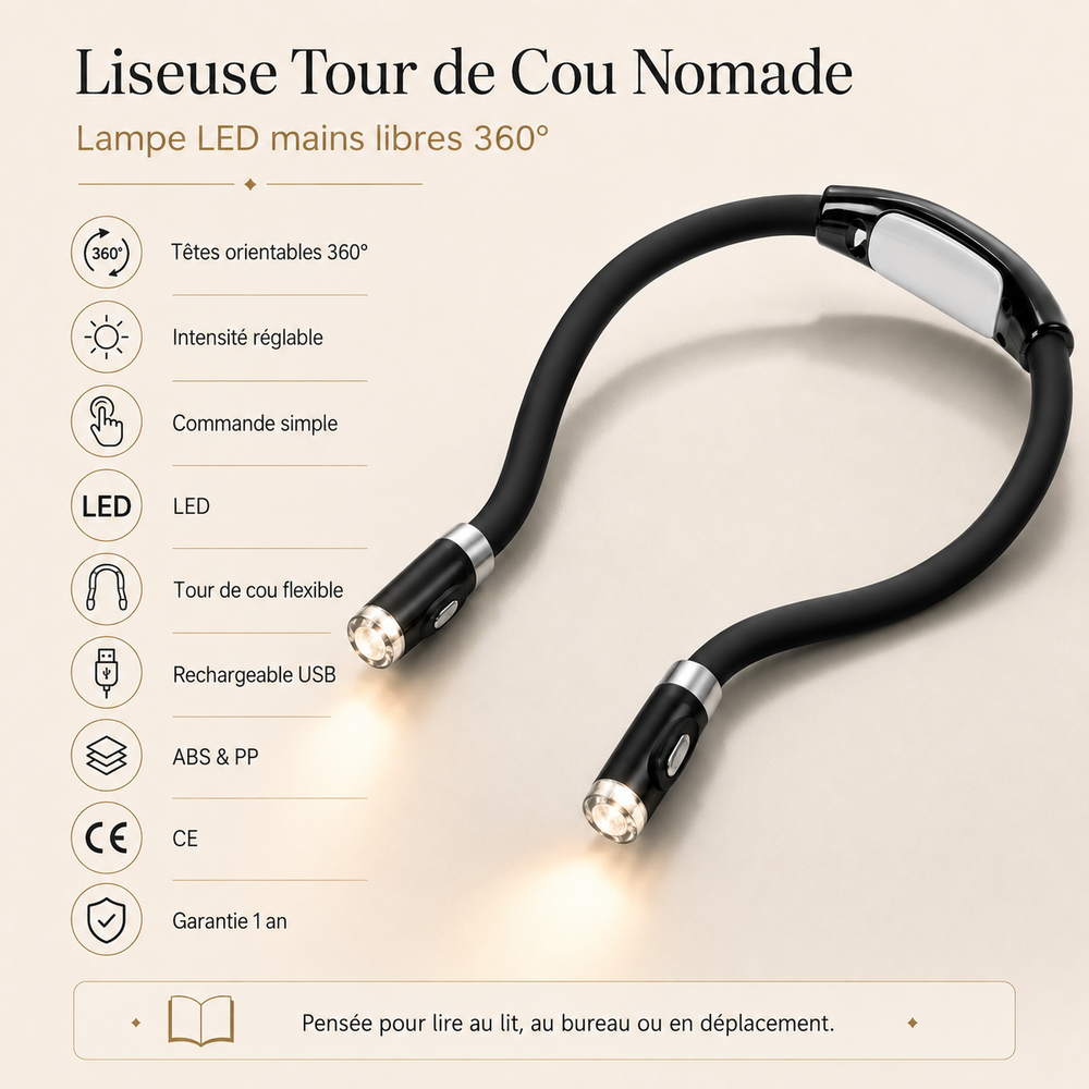 Lampe LED tour de cou noire, têtes orientables 360° et recharge USB