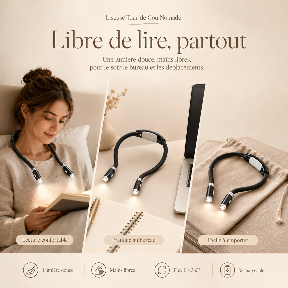 Lampe LED tour de cou noire, posée sur livre et ordinateur pour mains libres