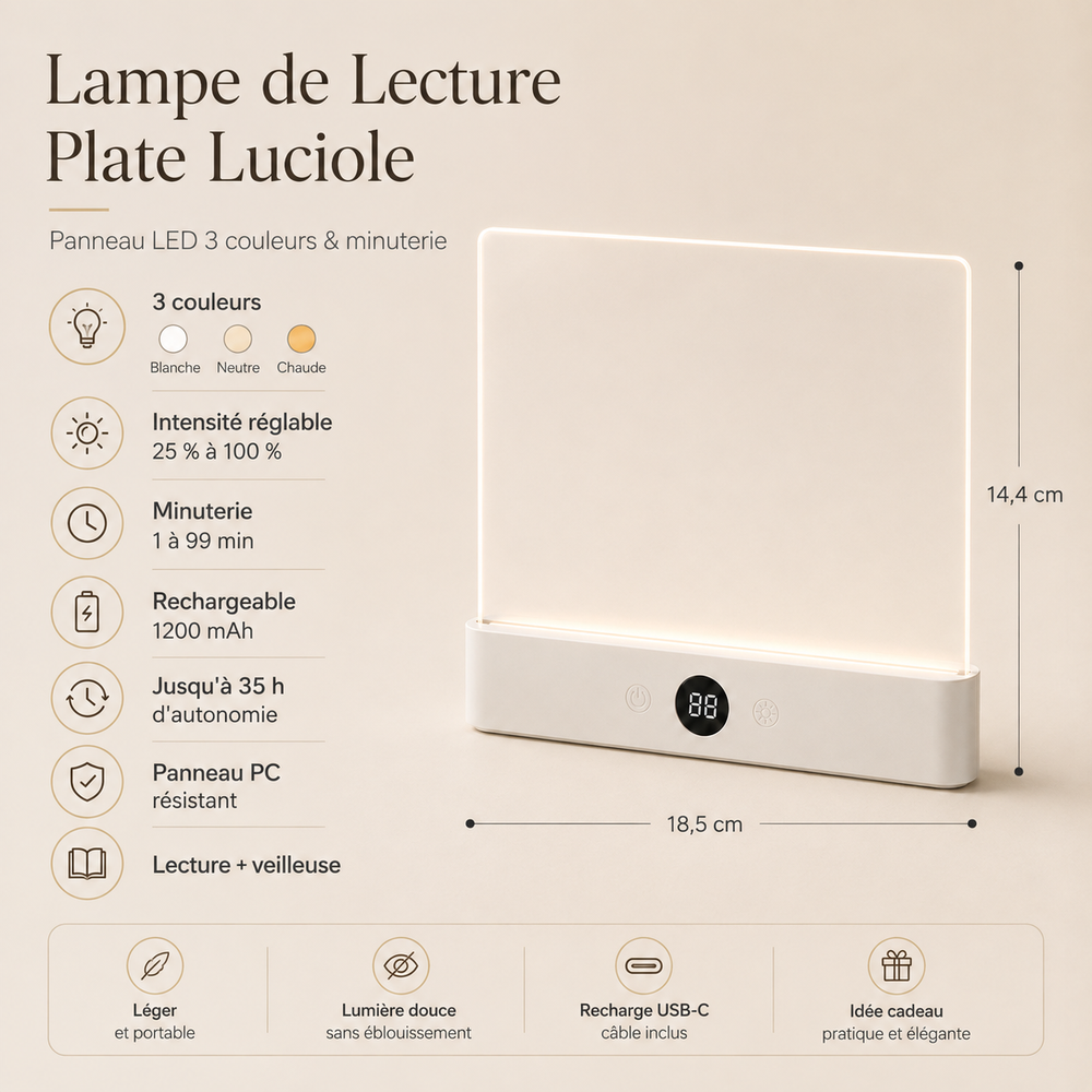 Lampe de lecture LED plate Luciole blanche, vue avec indications de dimensions et affichage 88