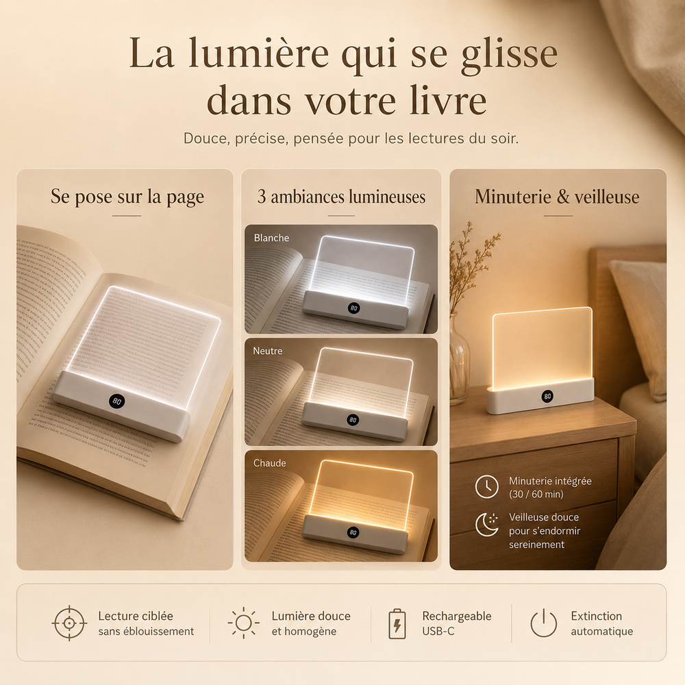 Lampe de lecture LED plate Luciole avec panneau lumineux encadré et base rectangulaire