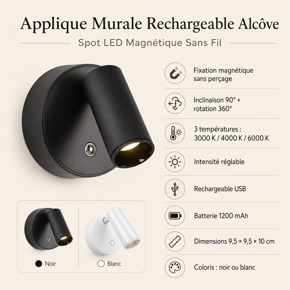 Applique murale LED magnétique sans fil noir ou blanc, fixation magnétique sans perçage