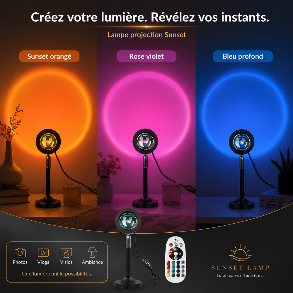 Lampe de projection LED RGB projetant des halos orange, violet et bleu, avec télécommande