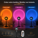Lampe de projection LED RGB projetant des halos orange, violet et bleu, avec télécommande