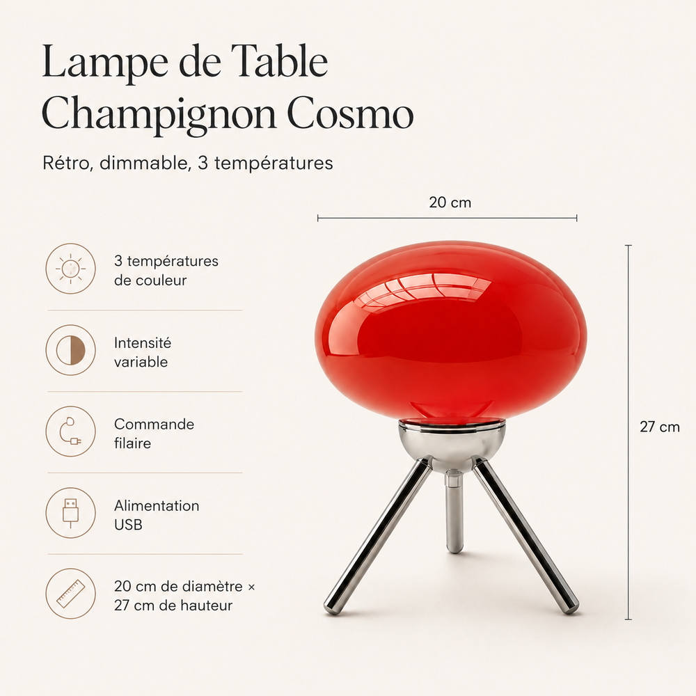 Lampe de table champignon en verre rouge sur trépied chromé, vue de face