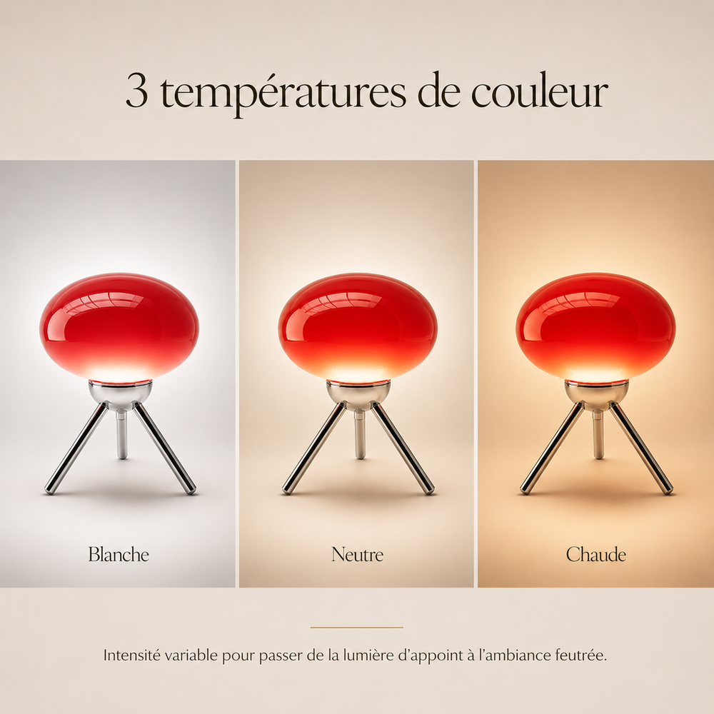 Lampe champignon en verre rouge, trois ambiances lumineuses : blanc, neutre, chaud