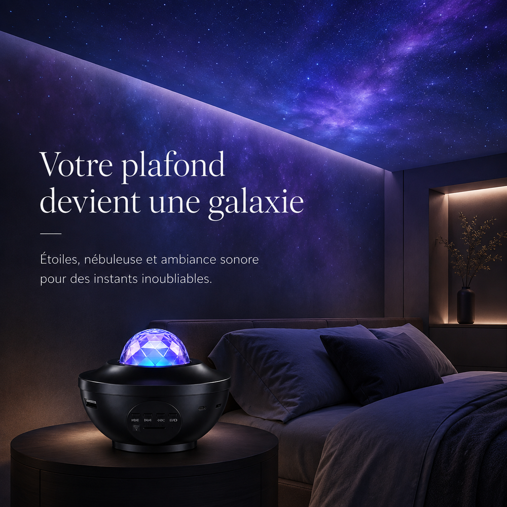 Projecteur galaxie LED noir sur table, faisceau d’étoiles violet et bleu
