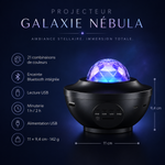 Projecteur galaxie Nébula noir avec dôme LED et ports de connexion visibles