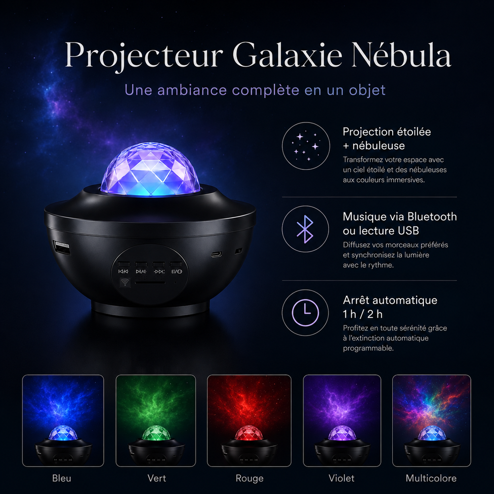 Projecteur ciel étoilé LED noir, dôme en lumière multicolore