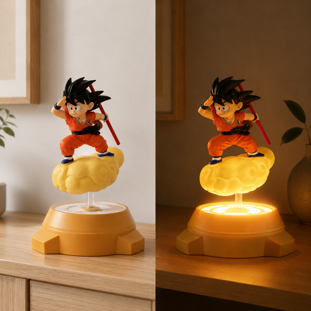 Figurine lumineuse de Goku en vue de côté, nuage jaune et base orange illuminée.