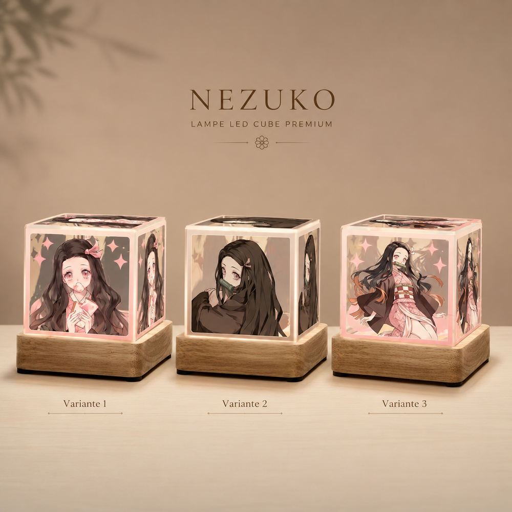 Lot de trois lampes cube LED en bois clair, cubes acryliques avec portraits, éclairage chaud