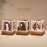 Lot de trois lampes cube LED en bois clair, cubes acryliques avec portraits, éclairage chaud